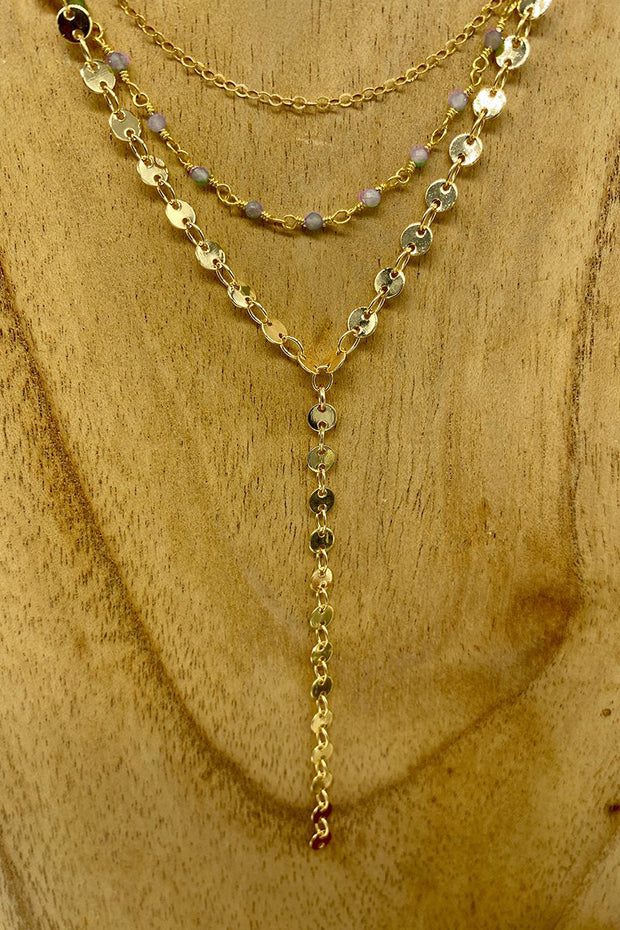 Marit Rae Jewelry - Triple Layer Peach Moonstone Beaded Rosary Chain Necklace