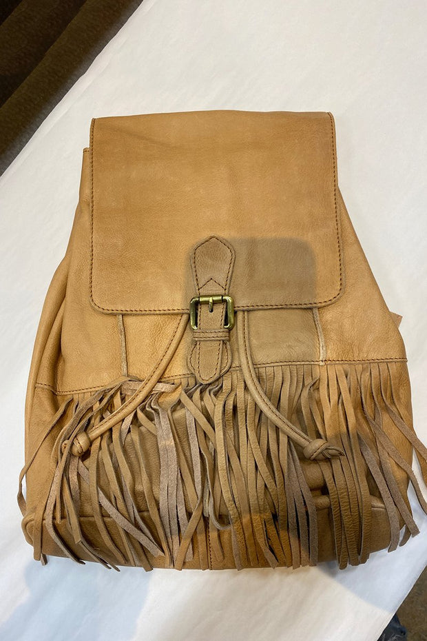 Leather-"Scarlett" Fringed Backpack-Cut n' Paste-Blue-Ox-Boutique-Tan