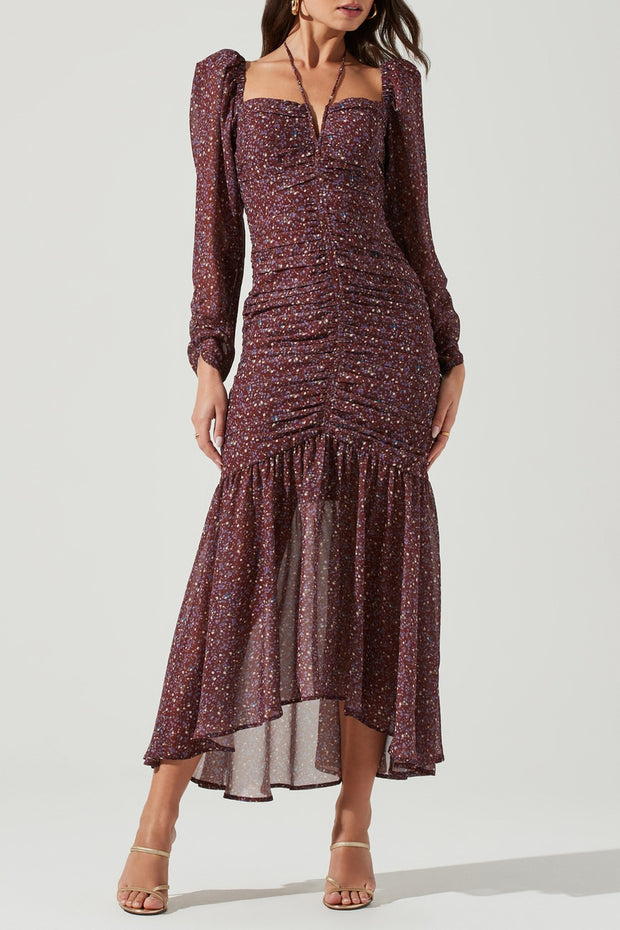 Astr - Athena Floral Ruched Long Sleeve Midi Dress in Brown Purple Ditsy
